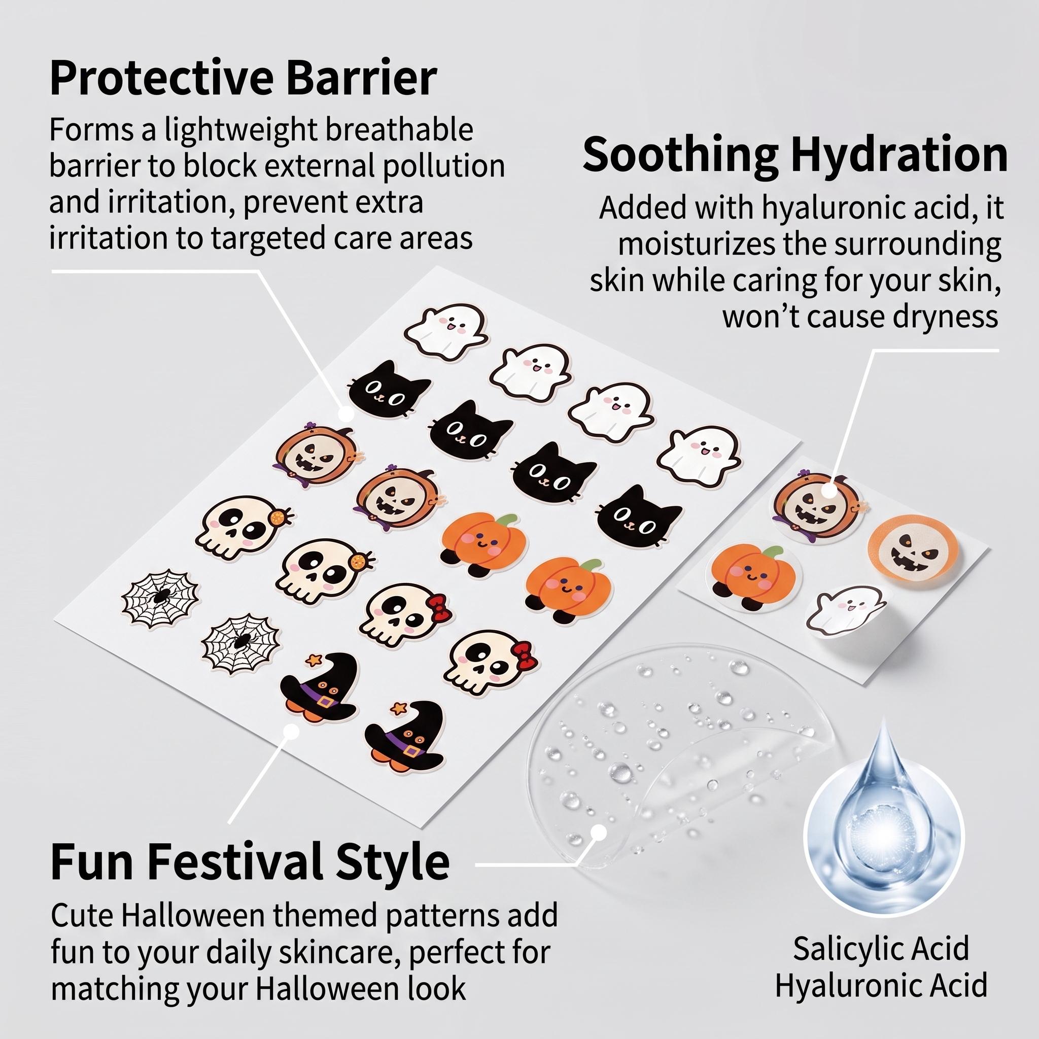 Skincare Salicylic Acid - แผ่นแปะสิวสำหรับฮาโลวีน กรดซาลิไซลิก ทำความสะอาดล้ำลึก บรรเทาอาการแดง แผ่นแปะไฮโดรคอลลอยด์แบบใส ดูแลปัญหาสิวบนใบหน้า